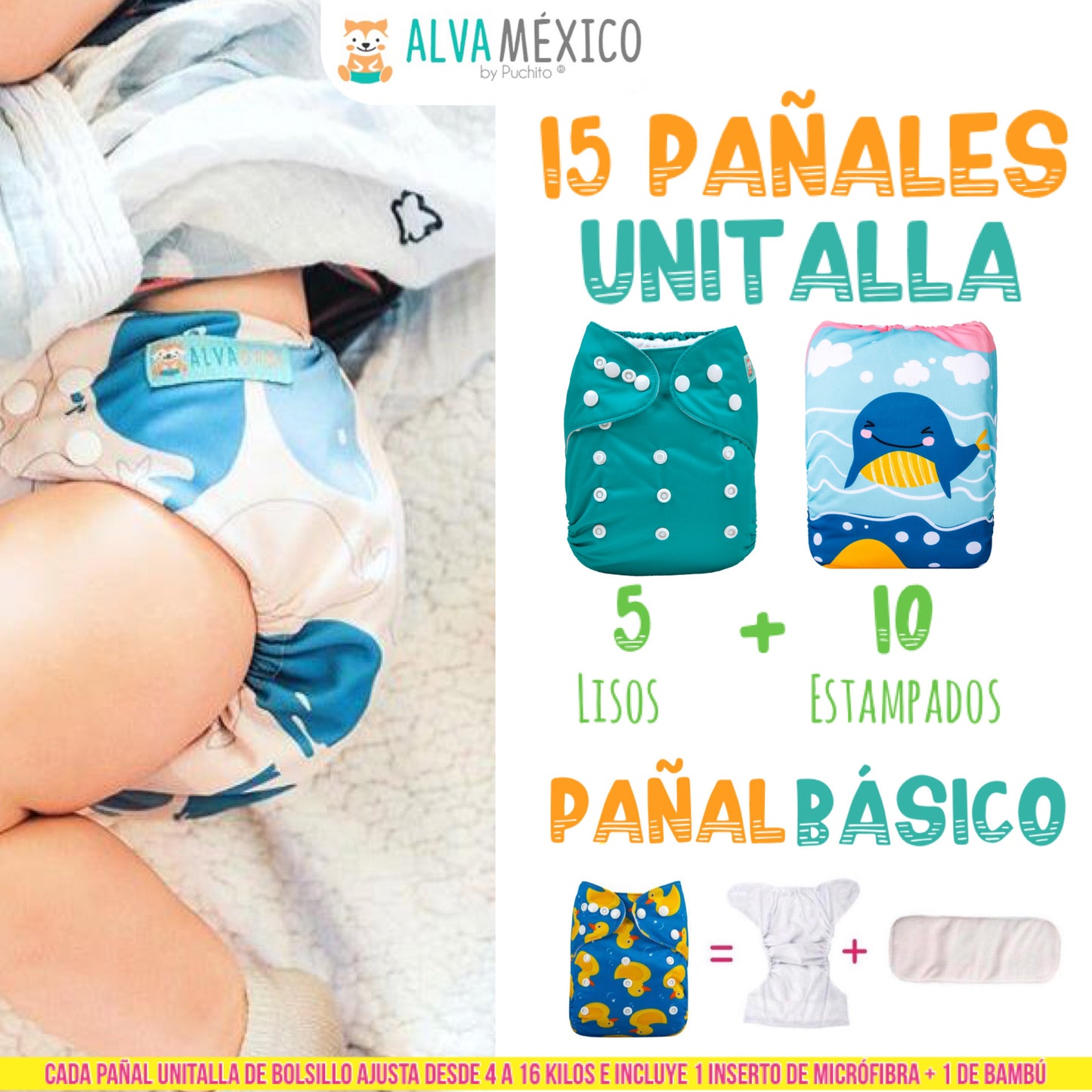 15 PAÑALES ECOLOGICOS DE TELA PARA BEBE