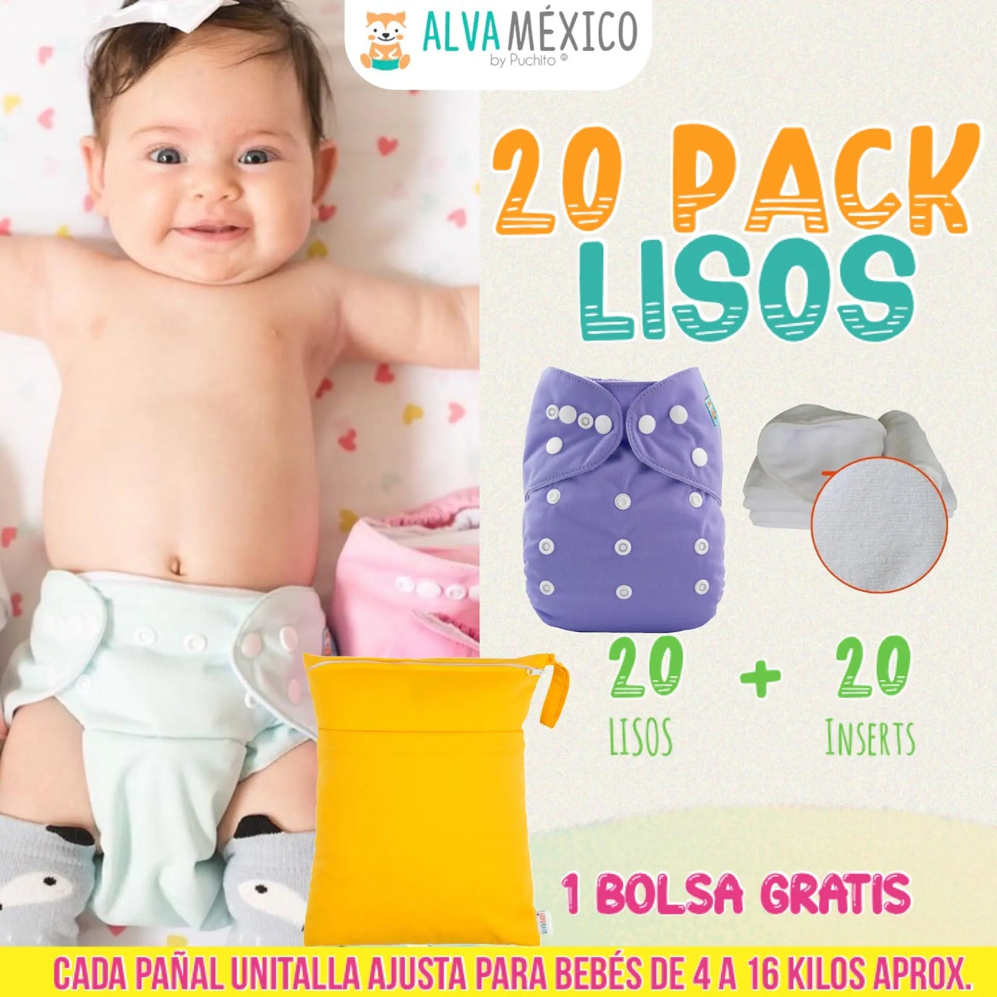 20 PAÑALES DE TELA COLORES LISOS PARA BEBÉ - BASICO - AlvaBaby®