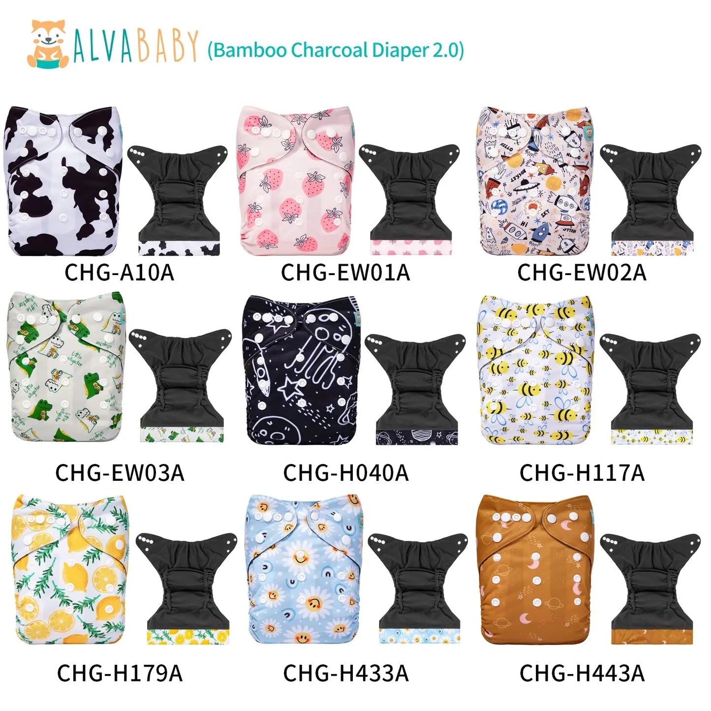 U Pick ALVABABY Bamboo Charcoal Cloth Diaper with Double Gussets and Tummy Panel Each with 1pc 4-layer-Charcoal-Blend Insert ALVAMEXICO