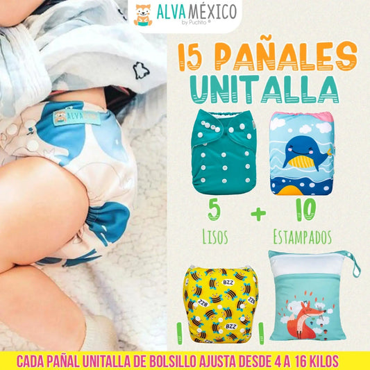 15 PAÑALES ECOLOGICOS DE TELA PARA BEBE ALVABABY | COMPLETO AlvaBaby®  