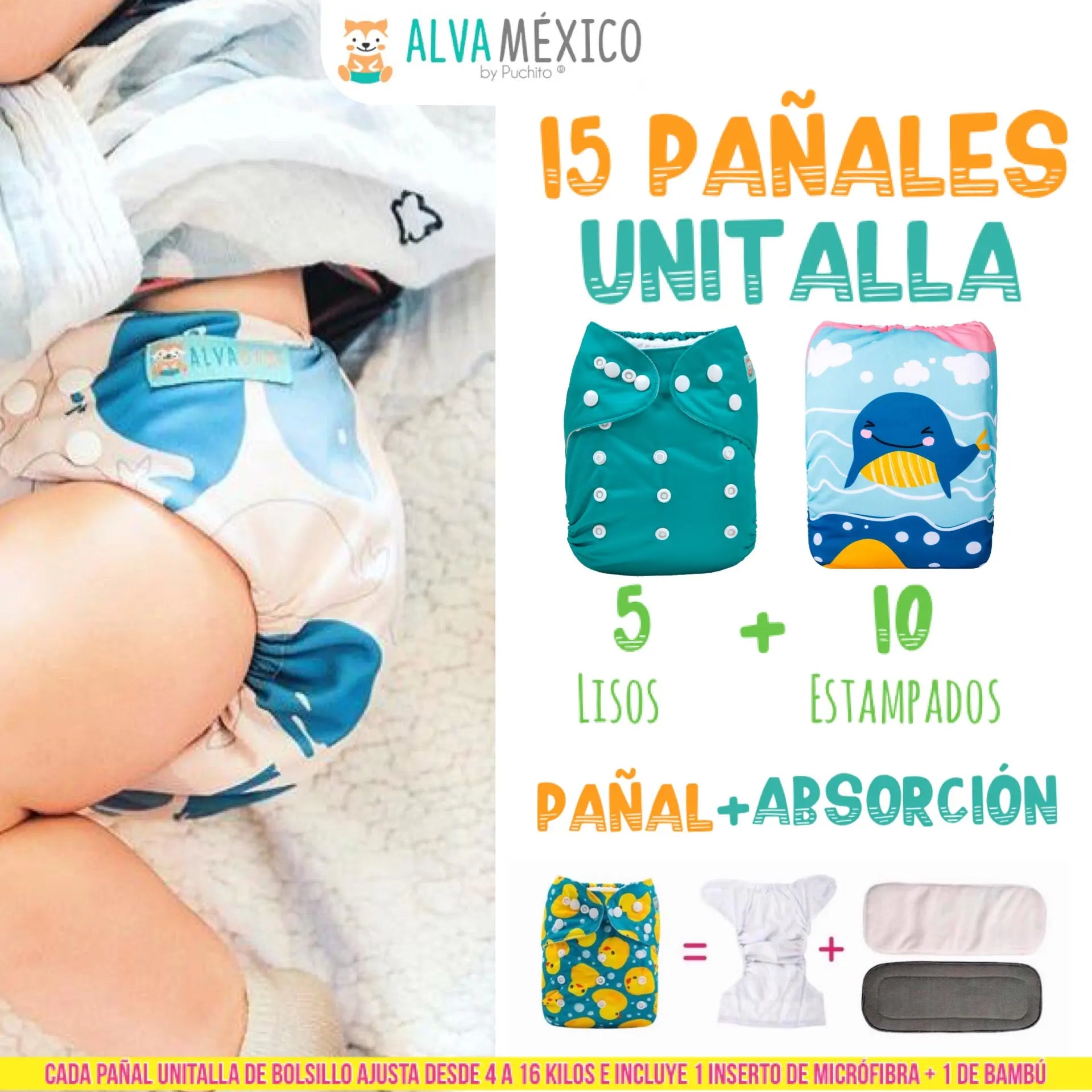 15 PAÑALES ECOLOGICOS DE TELA PARA BEBE AlvaBaby®   3980.00