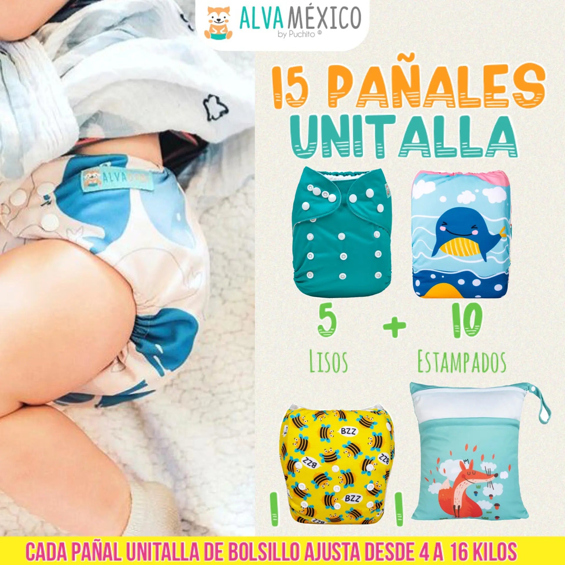 15 PAÑALES ECOLOGICOS DE TELA PARA BEBE AlvaBaby®  