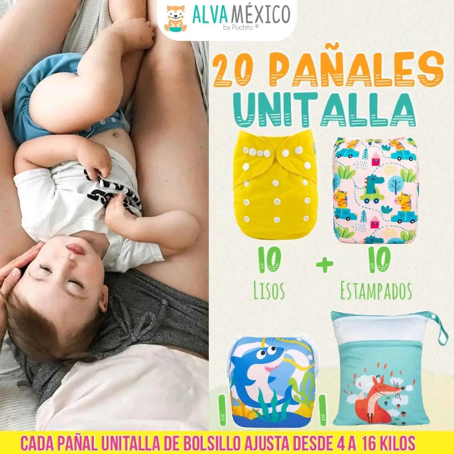 20 PAÑALES ECOLOGICOS DE TELA PARA BEBE - AlvaBaby®