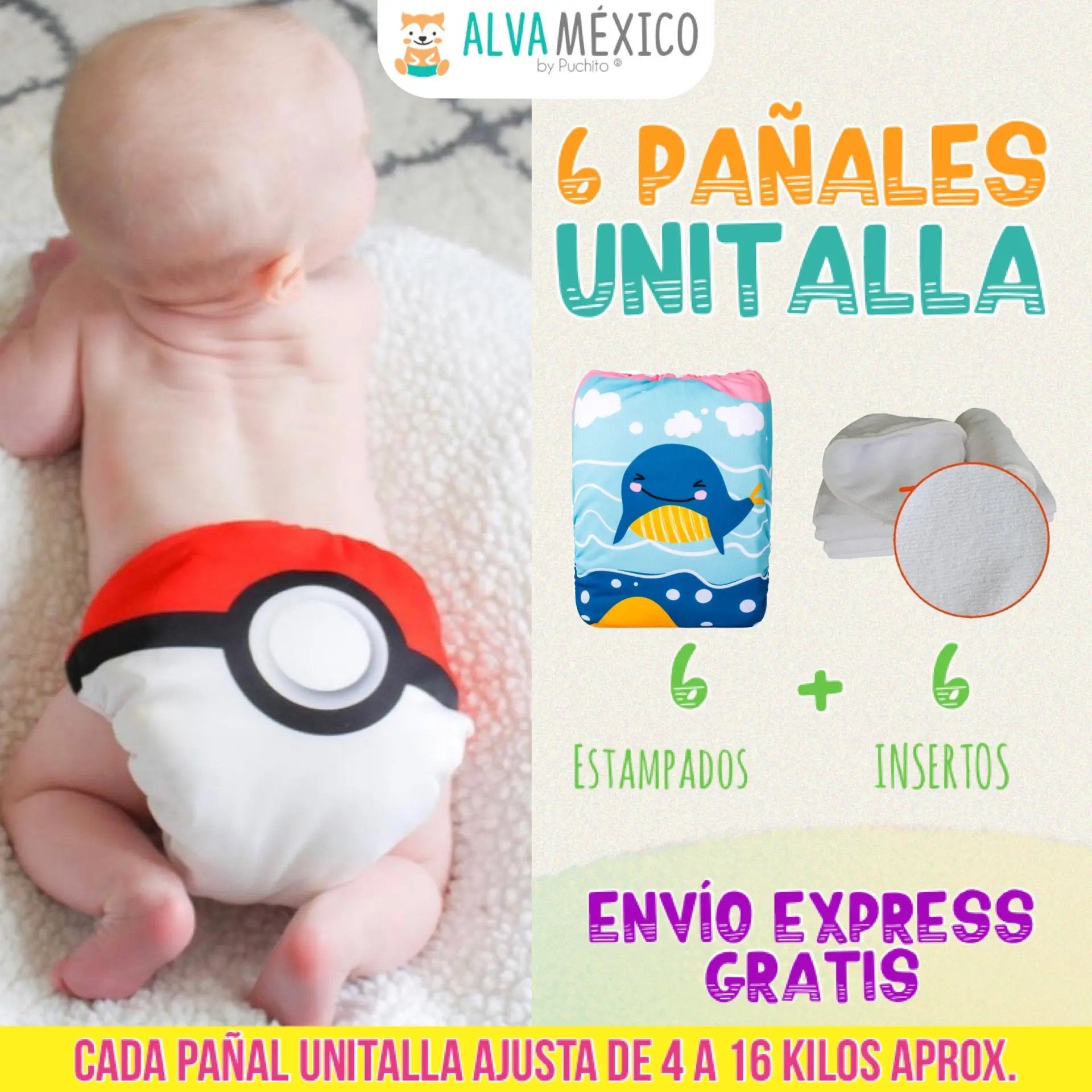 6 pañales ecologicos para bebé UNITALLA -  AlvaBaby®