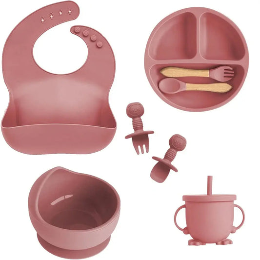 Children's Dishes Set Baby Silicone 6/8-piece Tableware Set Suction Cups Forks Spoons Bibs Straws Cups Mother and Baby Supplies AlvaBaby Mexico Pañales de Tela  