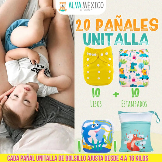 20 PAÑALES ECOLOGICOS DE TELA PARA BEBE - AlvaBaby®