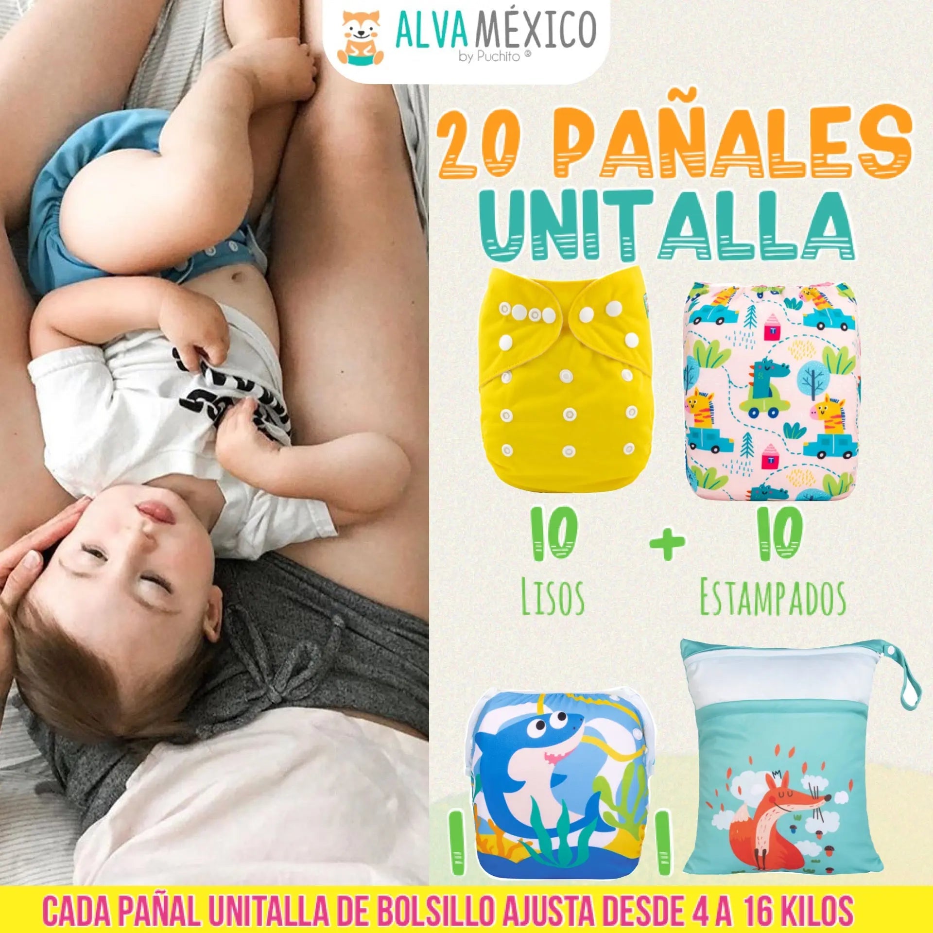 20 PAÑALES ECOLOGICOS DE TELA PARA BEBE - AlvaBaby®