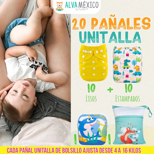 20 PAÑALES ECOLOGICOS DE TELA PARA BEBE - AlvaBaby®