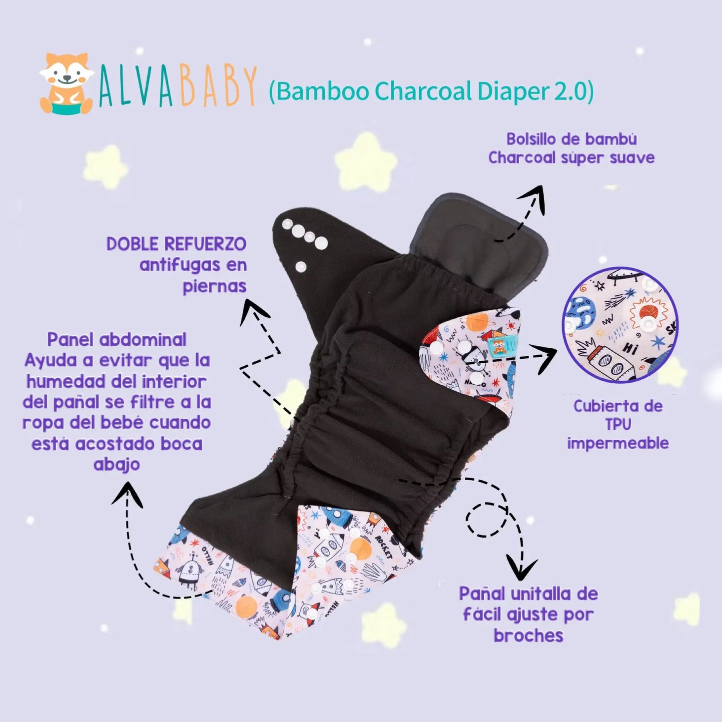 Pañal Ecologico de tela Bambu Charcoal 2.0 AlvaBaby®  