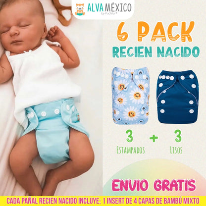 Paquete de 6 pañales Recien Nacido  ALVABABY - BROCHE AlvaBaby Mexico Pañales de Tela  