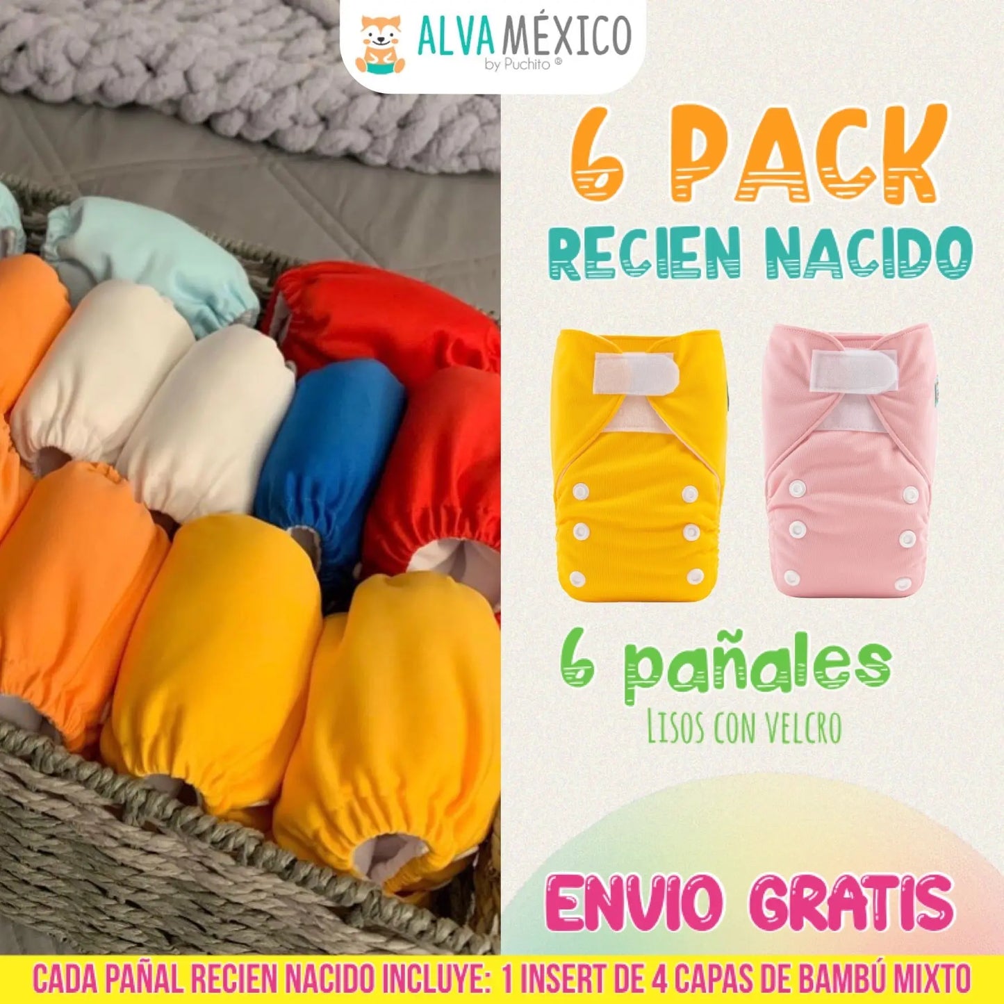 Paquete de 6 pañales Recien Nacido  ALVABABY - VELCRO AlvaBaby Mexico Pañales de Tela  