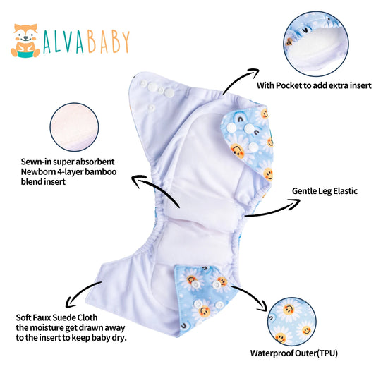 U Pick ALVABABY Newborn All-In-One Cloth Diaper with Pocket Sewn-in one 4-layer Bamboo Insert ALVAMEXICO  