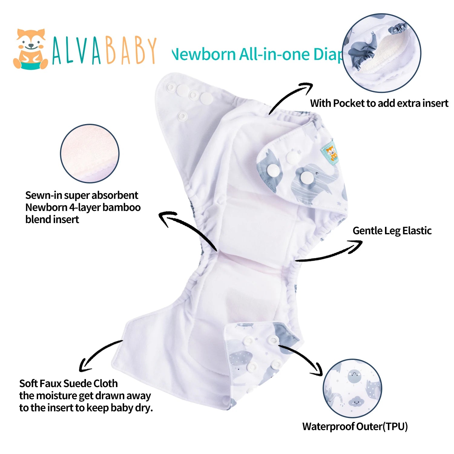 U Pick ALVABABY Newborn All-In-One Cloth Diaper with Pocket Sewn-in one 4-layer Bamboo Insert ALVAMEXICO  