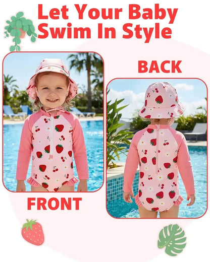 ALVABABY Girl Swimwear Rash Guard Sets Long Sleeve One Piece Swimsuit with Hat UPF 50+ Sun Protection Swimming Pool for Outdoor ALVAMEXICO  