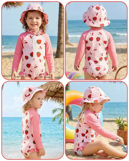 ALVABABY Girl Swimwear Rash Guard Sets Long Sleeve One Piece Swimsuit with Hat UPF 50+ Sun Protection Swimming Pool for Outdoor ALVAMEXICO  